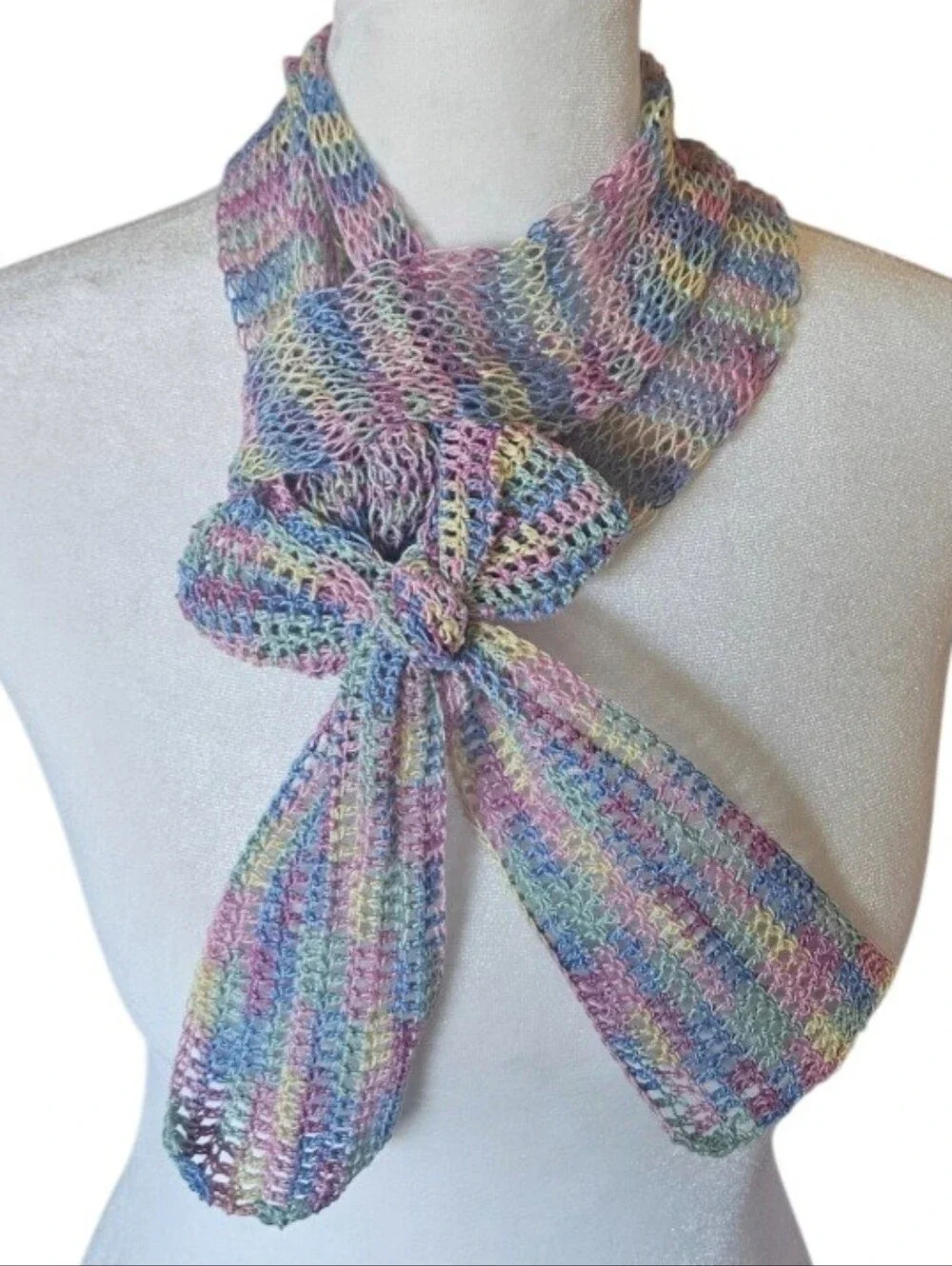 Handmade Crochet Lace Scarf Pastel Blossom Bow Egyptian Cotton Knit Neck Wrap
